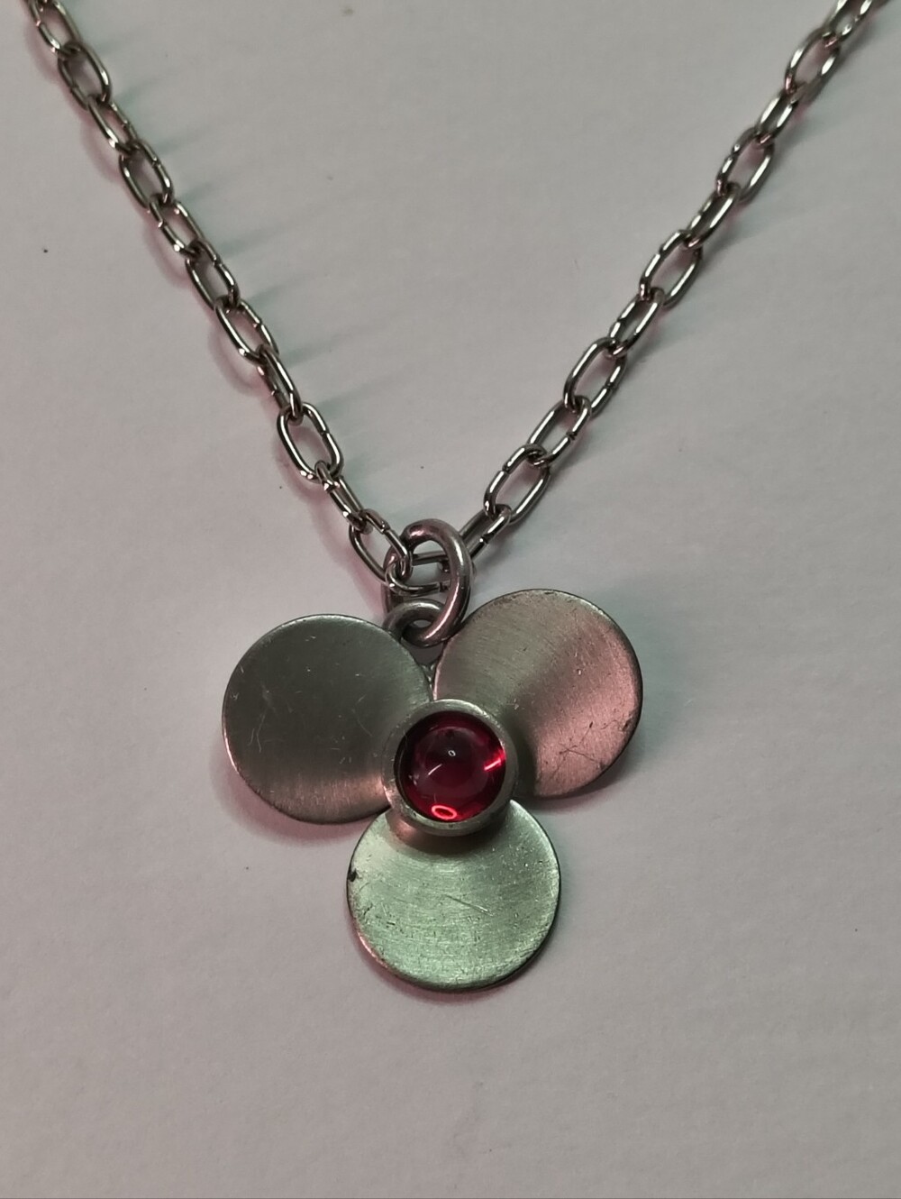 Danish Vintage Pewter Flower Pendant Necklace Red Glass Cabochon Design Flink